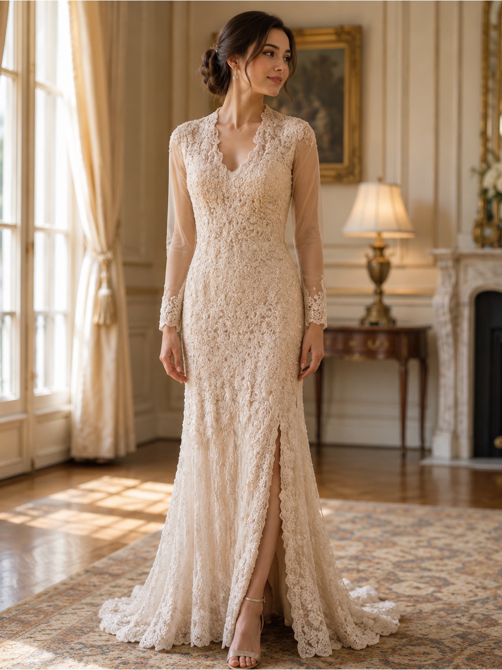 Marika Champagne Lace Long Sleeve V-Neck Evening Dress